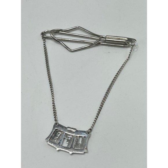 Vintage Tie Bar with Chain Dangling Monogram WFB Sterling Silver & Marcasites - Picture 6 of 9
